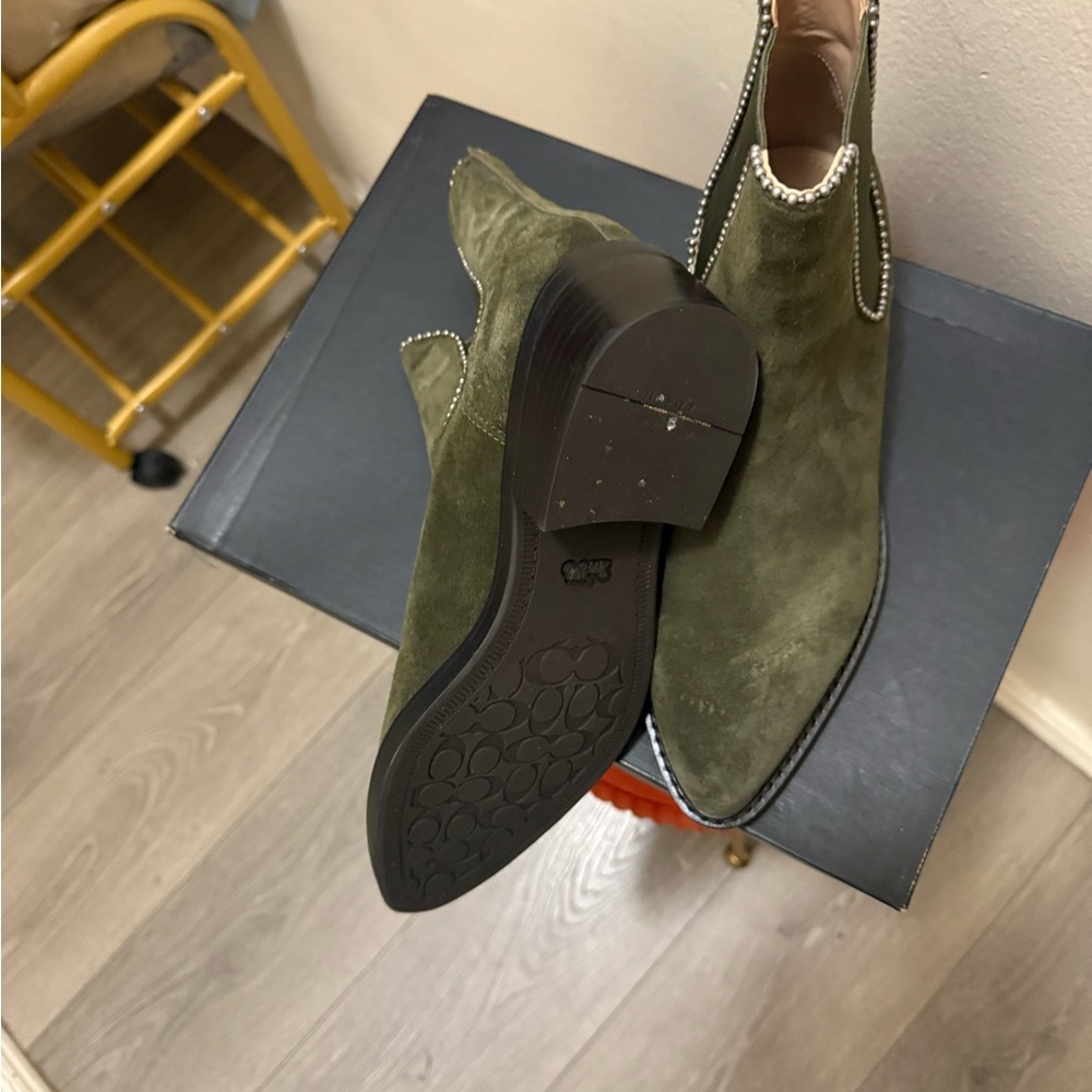 Coach Olive Green Suede Ankle Boots with Studded Trim - Picture 2 of 4